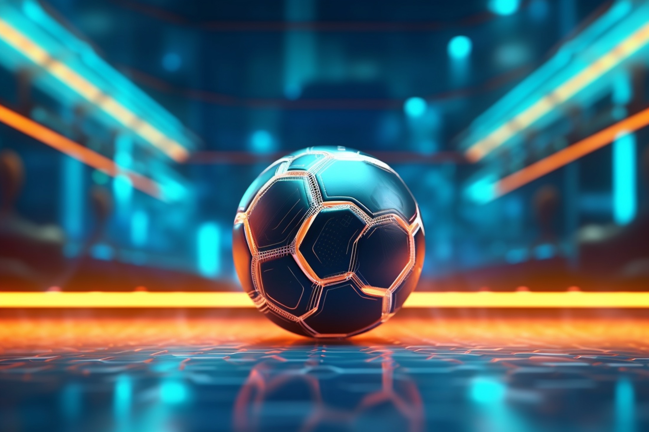 Futsal ball glowing on a neon-lit indoor court